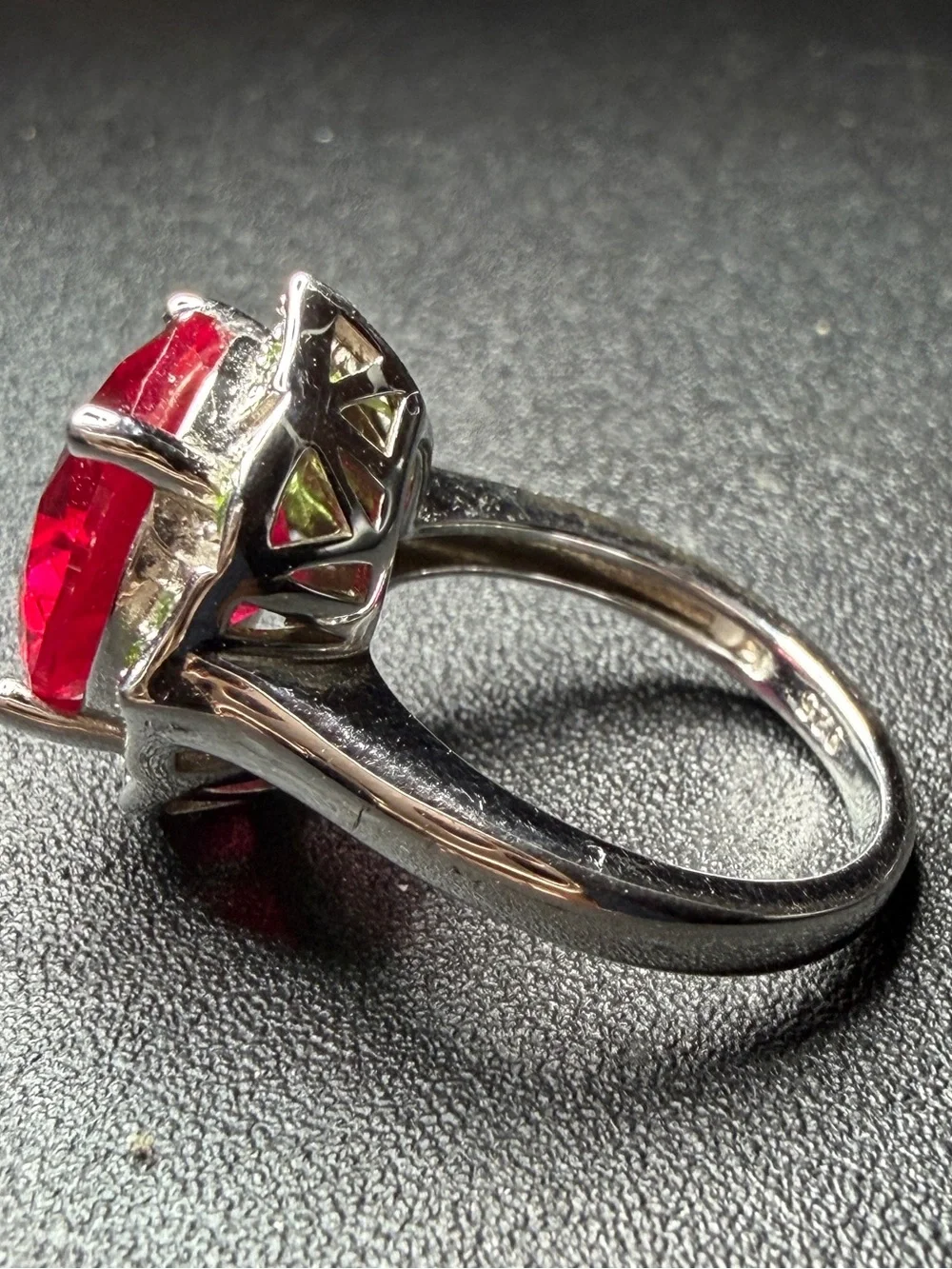 Sterling Silver Ring with Large Fuchsia and Green Accent Stones size 6